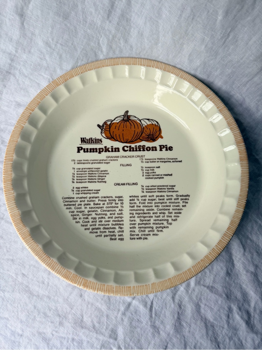 Vintage Watkins Pumpkin Chiffon Pie Recipe Ceramic Plate Dish